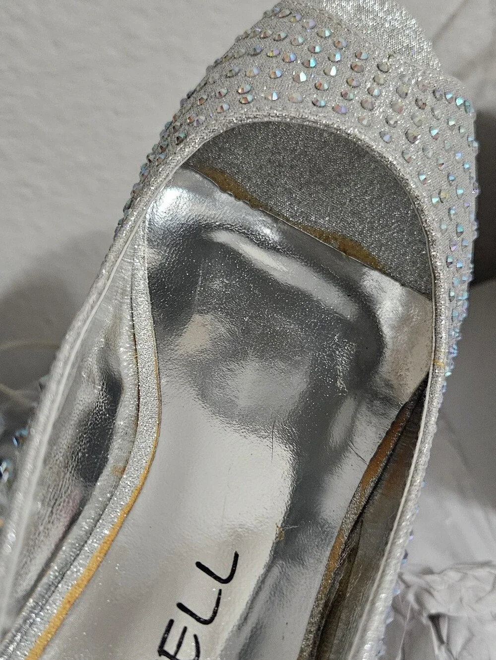 Kiss & Tell Silver Open-Toe Wedge Heels with Rhinestone Detail